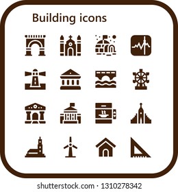 building icon set. 16 filled building icons.  Collection Of - Arch, Church, Igloo, Stocks, Lighthouse, Bank, Bridge, London eye, Courthouse, White house, Elevator, Hallgrimskirkja