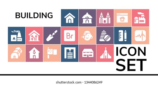 building icon set. 19 filled building icons.  Simple modern icons about  - Dog house, Factory, Greenhouse, House, China, Gym station, Shop, Hallgrimskirkja, Smart home, Scraper