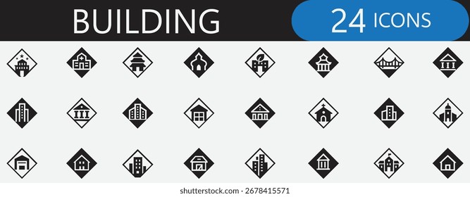 Ícone de edifício definido com 24 ícones vetoriais para cidade, arquitetura, imóveis, escritório, hospital, escola, banco, hotel, apartamento, armazém, fábrica.