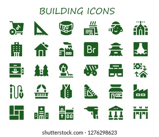  building icon set. 30 filled building icons. Simple modern icons about  - Store, Set square, Paint bucket, Factory, Portuguese, Domotics, Hospital, House, Bridge, Pagoda, Stage