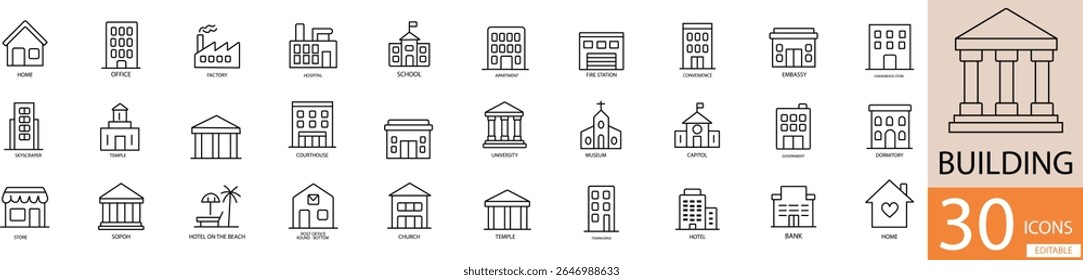 Conjunto de iconos de construcción 30 iconos de línea mínimos en negro, estilo Vector plano.