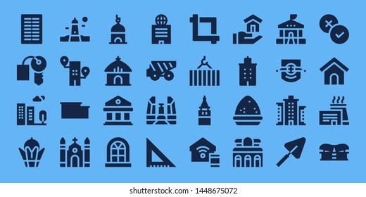 building icon set. 32 filled building icons. on blue background style Collection Of - Columns, Hotel key, Building, Bayterek, Lighthouse, Warehouse, Church, Tower, Hut, Courthouse