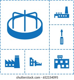 Building icon. set of 6 building filled icons such as factory, child playground carousel, spa building, screwdriver