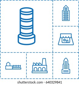 Building icon. set of 6 building outline icons such as business center, shop, factory