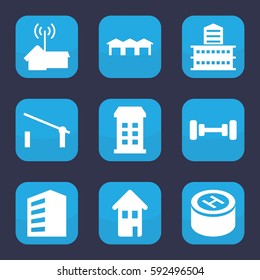 building icon. Set of 9 filled building icons such as barrier, building, barbell, home, garage, hospital