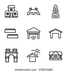 building icon. Set of 9 building outline icons such as garage, business center, house, arch, house under sun