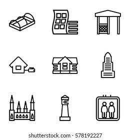 building icon. Set of 9 building outline icons such as elevator, modern curved building, lighthouse, castle, business center, house, gazebo, greenohuse