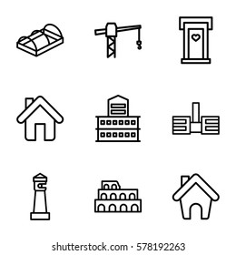 building icon. Set of 9 building outline icons such as door with heart, Coliseum, lighthouse, building, construction crane, greenohuse, home