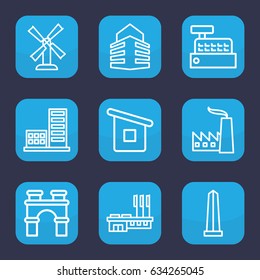 Building icon. set of 9 outline building icons such as mill, arch, monument, house builidng, building
