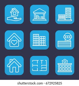 Building icon. set of 9 outline building icons such as business center, airport tower, home care, cargo barn, home, love home, building