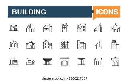 Building icon set. Apartment minimal icons set. Minimalist editable vector stroke. Building and property linear icon collection. Editable vector art.