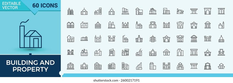 Building icon set. Apartment minimal icons set. Minimalist editable vector stroke. Building and property linear icon collection. Editable vector art.