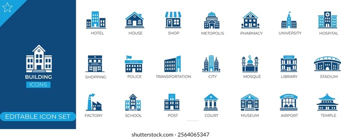 Building icon set for architecture, real estate, hospital, hotel, school, stadium, construction projects, urban development, commercial property, and infrastructure design