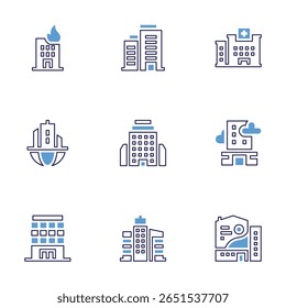Building icon set. Bold line style. Duotone colors. Editable stroke. office building, headquarters, hospital, buildings, building.