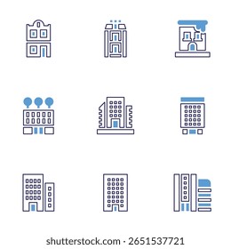 Building icon set. Bold line style. Duotone colors. Editable stroke. buildings, building.