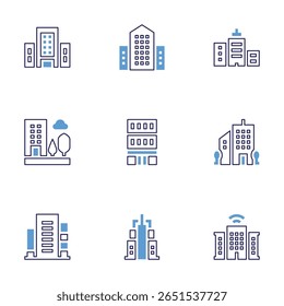 Building icon set. Bold line style. Duotone colors. Editable stroke. building, company, buildings, office building, city building.