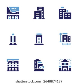 Building icon set. Bold style. Duotone colors. company, measure, green city, mall, building, empire state building.