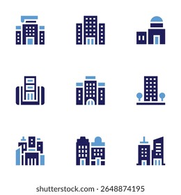 Conjunto de ícones de construção. Estilo negrito. Cores duotônicas. cidade, edifício de escritório, residencial, edifício, edifícios, hotel, automação de edifícios.