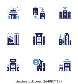 Building icon set. Bold style. Duotone colors. smart city, city, building, buildings, hospital building.