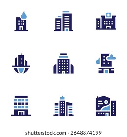 Conjunto de ícones de construção. Estilo negrito. Cores duotônicas. prédio do escritório, sede, hospital, prédios, prédio.
