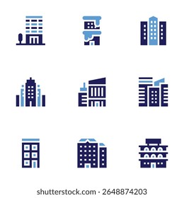 Conjunto de iconos de construcción. Estilo audaz. Duotone colores. edificios, pisos, edificio, empresa, comercio de la construcción.