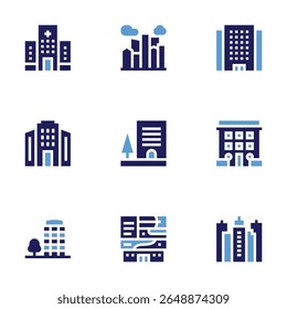 Building icon set. Bold style. Duotone colors. office building, city, building, buildings, hospital building.