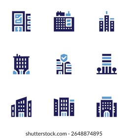 Building icon set. Bold style. Duotone colors. building, apartment, nursing home.