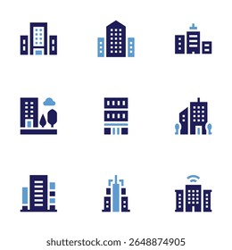 Building icon set. Bold style. Duotone colors. building, company, buildings, office building, city building.