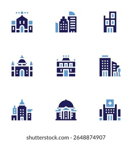 Conjunto de ícones de construção. Estilo negrito. Cores duotônicas. edifício, arquitetura, edifício do governo, edifícios, edifício em construção.