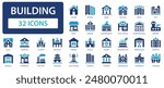 Building icon set. The buildings are different in purpose and style. House, hospital, office, bank, school, hotel.