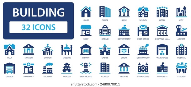 Building icon set. The buildings are different in purpose and style. House, hospital, office, bank, school, hotel.