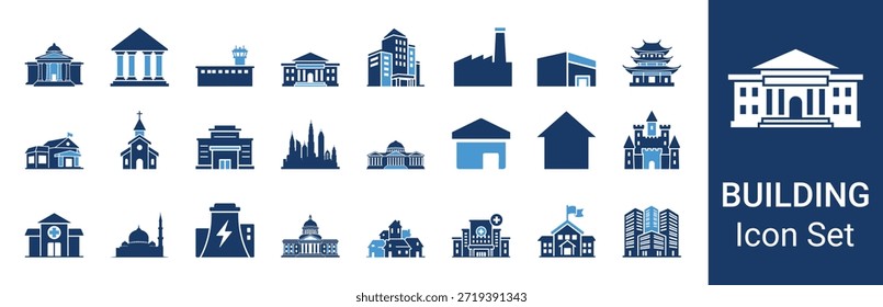 Conjunto de iconos de edificio Paquete con símbolos de casa, escuela, hospital, ciudad, fábrica y Lugar famoso