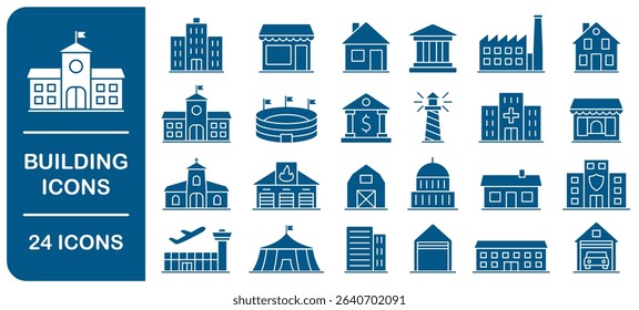 Building icon set. City architecture symbol sign. Containing Circus, airport, house, factory, bank, school, fire station, shop, hospital icons collection. Vector illustration image.