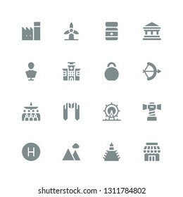 building icon set. Collection of 16 filled building icons included Store, Building, Landscape, Hotel, Lighthouse, London eye, Sash, Mass, Arch, Kettlebell, Hospital, Sculpture