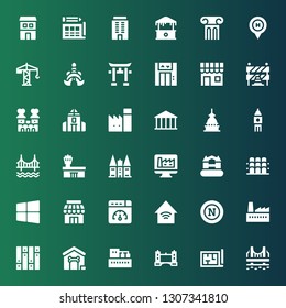 building icon set. Collection of 36 filled building icons included Golden gate, Architecture, Tower bridge, Factory, Dog house, Parquet, Napoli, Smart home, Web optimization, Store