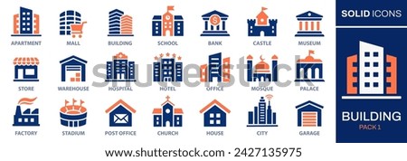 Building icon set. Collection of house, home, store, office, apartment and more. Vector illustration. Easily changes to any color.