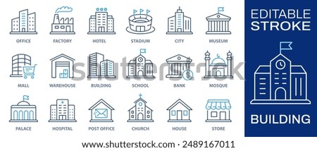 Building icon set. Collection of house, home, store, office, apartment and more. Vector illustration isolated on white. Editable stroke.