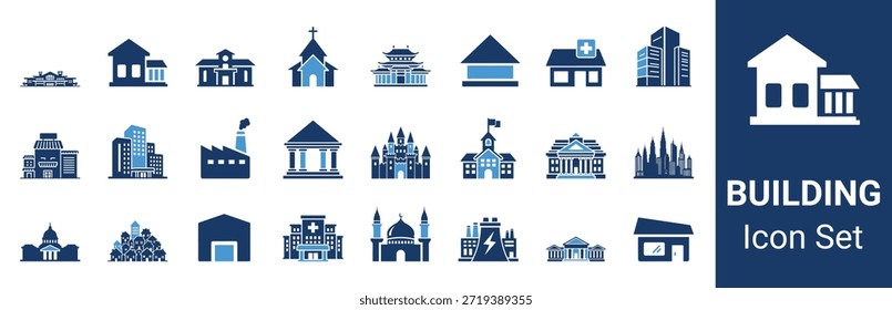 Building Icon Set Collection with Modern City, House, School, Hospital and Landmark Symbols