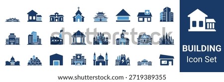 Building Icon Set Collection with Modern City, House, School, Hospital and Landmark Symbols
