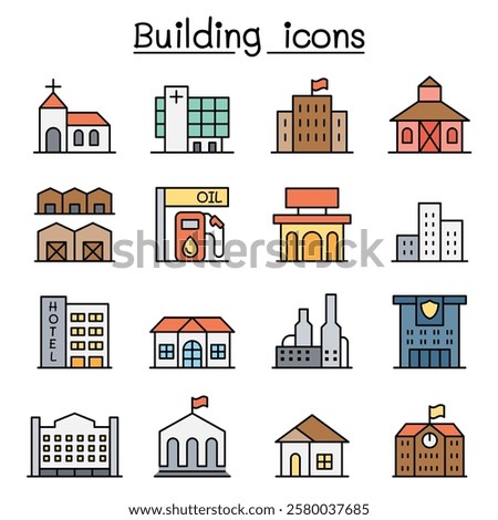 Building icon set in color line style