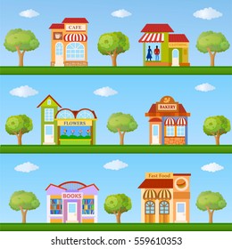 Building icon set. Colorful store and cafe building front view on nature background, vector illustration