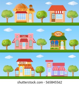 Building icon set. Colorful store and cafe building front view on nature background, vector illustration