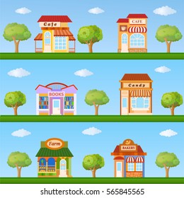 Building icon set. Colorful store and cafe building front view on nature background, vector illustration