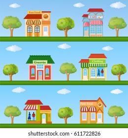 Building icon set. Colorful store and cafe building front view on nature background, vector illustration