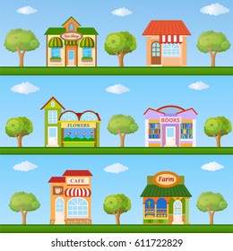 Building icon set. Colorful store and cafe building front view on nature background, vector illustration