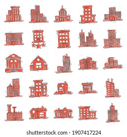 Building icon set in comic style. Town skyscraper apartment cartoon vector illustration on white isolated background. City tower splash effect business concept.