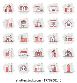 Building icon set in comic style. Town skyscraper apartment cartoon vector illustration on white isolated background. City tower splash effect business concept.