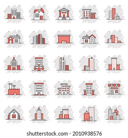 Building icon set in comic style. Town skyscraper apartment cartoon vector illustration on white isolated background. City tower splash effect business concept.