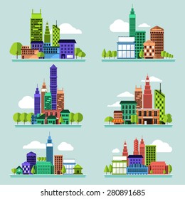 Building icon set concept for use to city landscape condominium, house, tower. Vector flat design