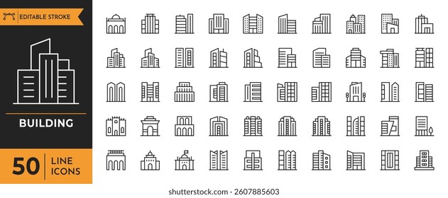 Building icon set. Containing Apartment, House, Real Estate, Cityscape, Office, and more. Vector illustration
